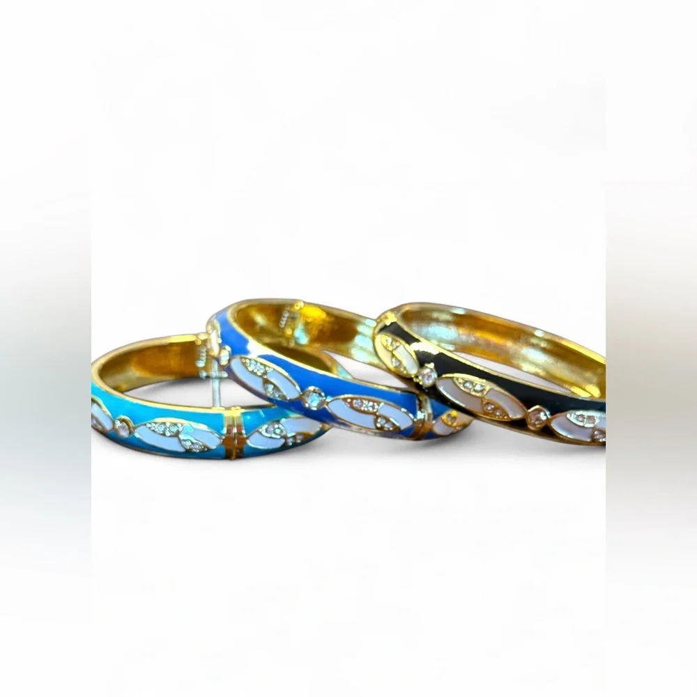 Gold Plated Black & Blue enamel Bangle Set-3pc - Picture 3 of 6